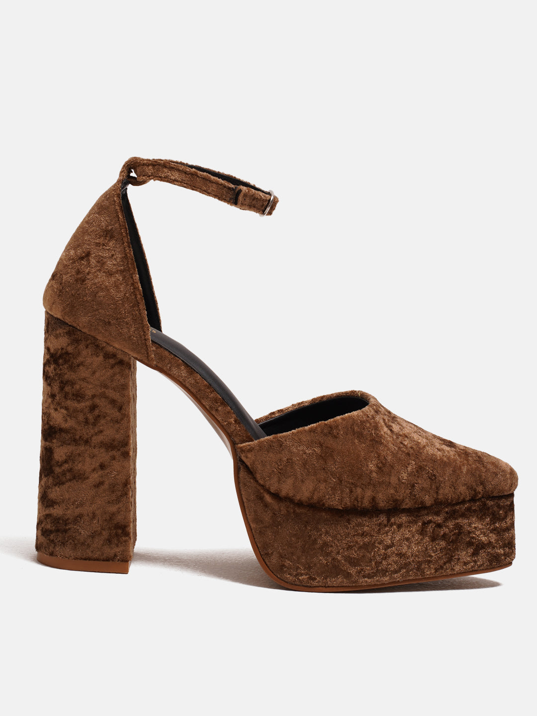 Women Tan Pointed Toe Velvet Platform Block Heels with Ankle Strap