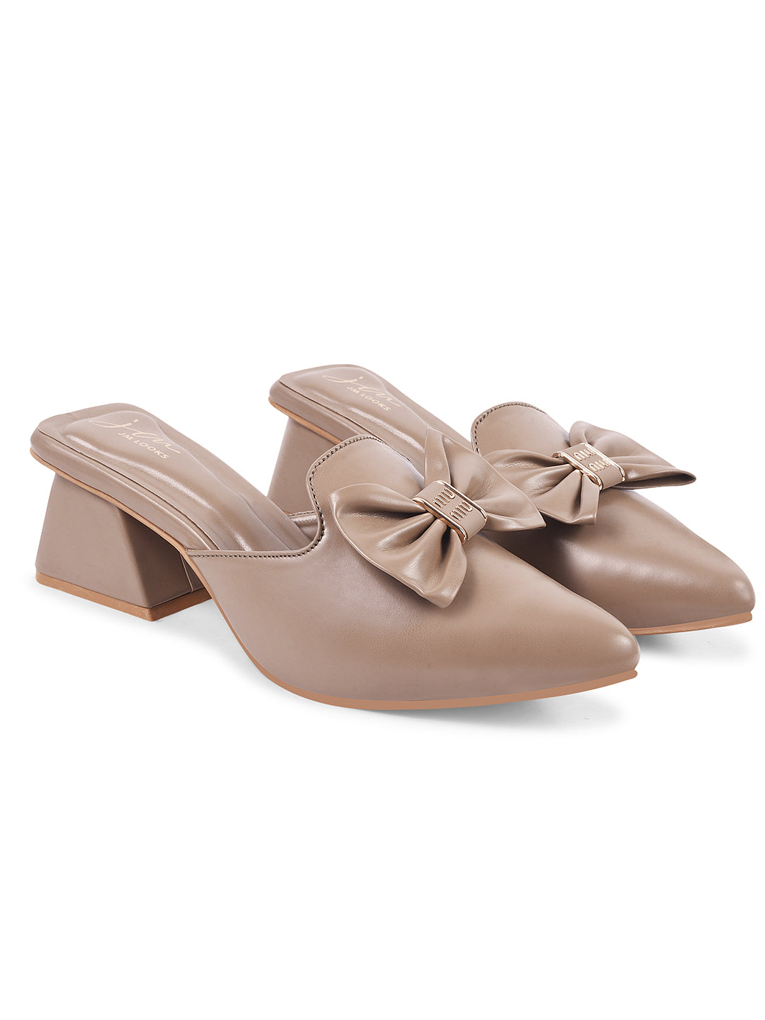 JM Looks women's pointed-toe mules with a decorative bow and a block heel
Beige