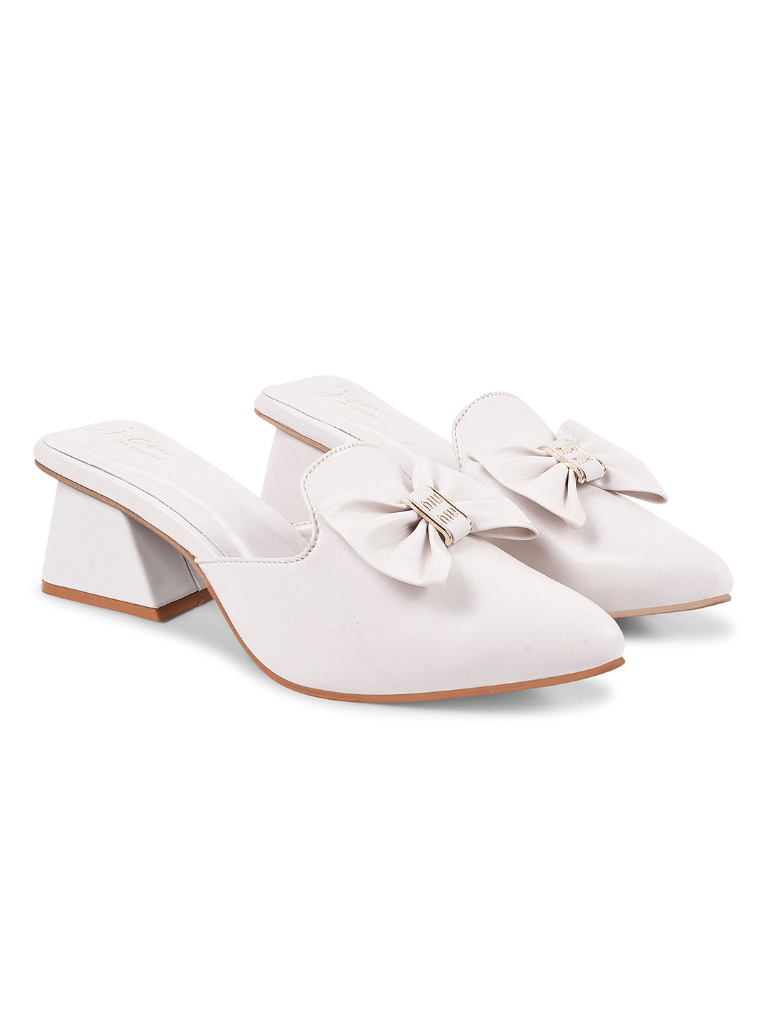 JM Looks women's pointed-toe mules with a decorative bow and a block heel
Cream