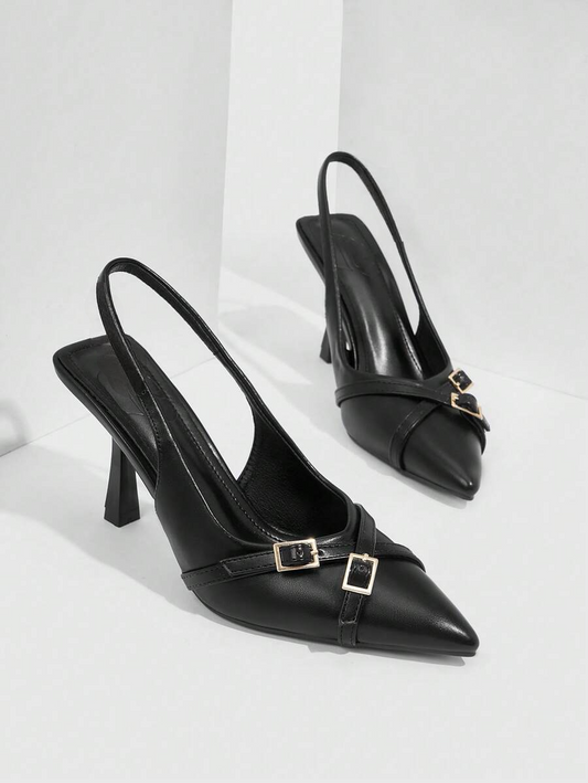 A pointed-toe slingback heel with strap and buckle details on the vamp and an adjustable strap
 Black