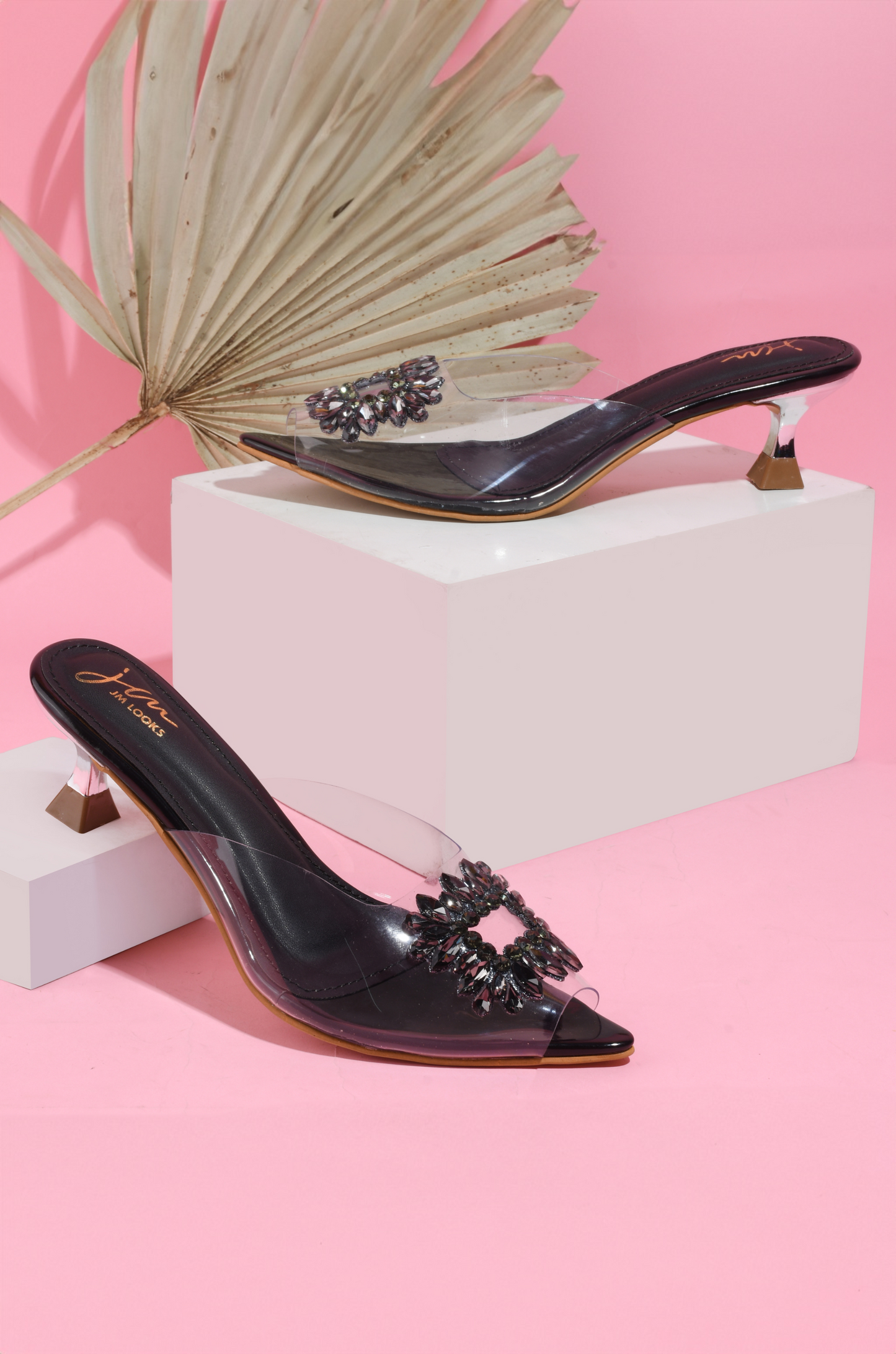 JM LOOKS Rhinestone Transparent Low Heels Sandals| Shop Now! Black