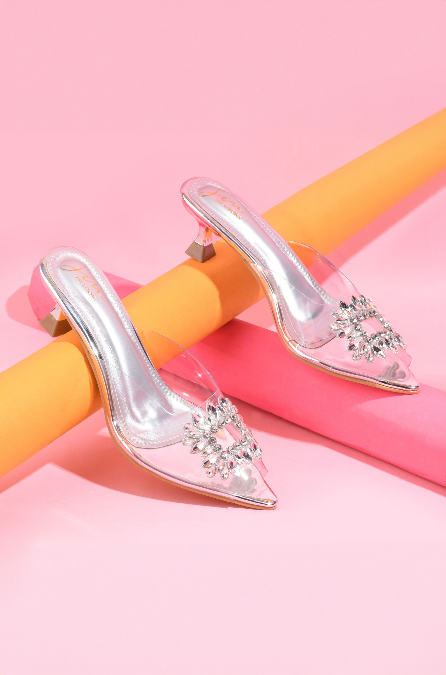 JM LOOKS Rhinestone Transparent Low Heels Sandals| Shop Now! Silver