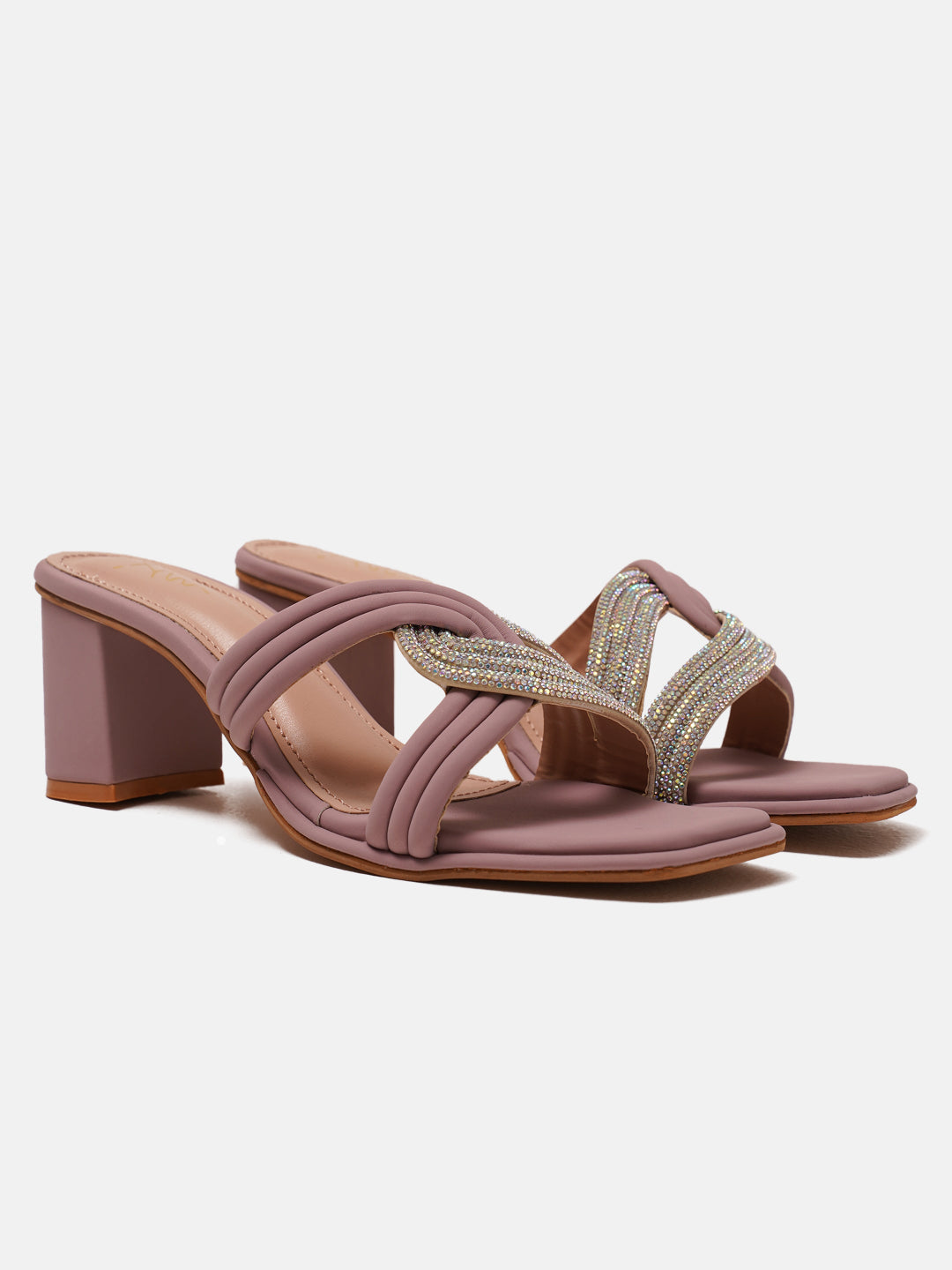 WOOD-ROSE Embellished Open Toe Ethnic Block Heel Slides with Decorative Knot Detail