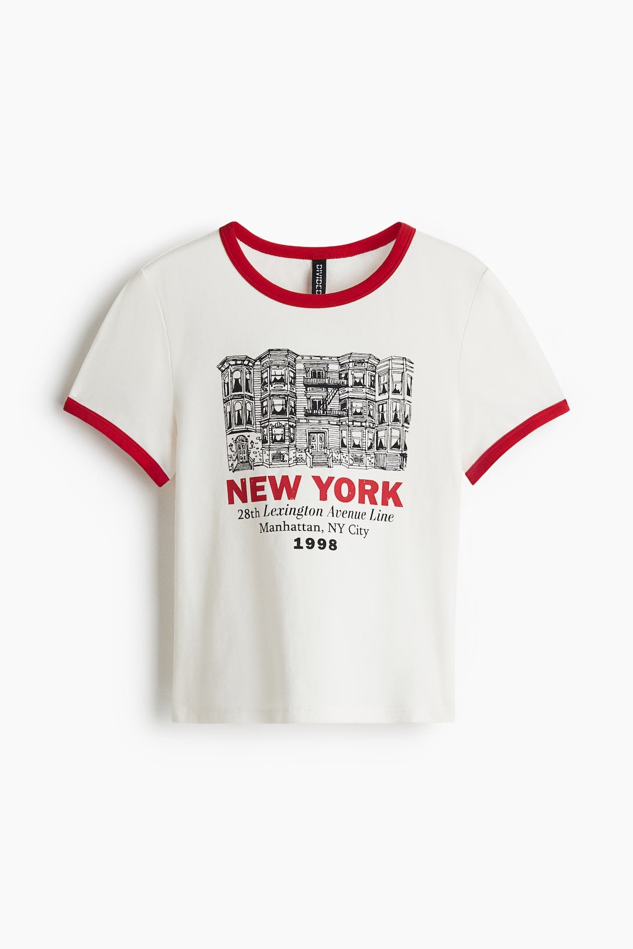 White graphic ringer crop top tee with red trims, New York cityscape print and short sleeves