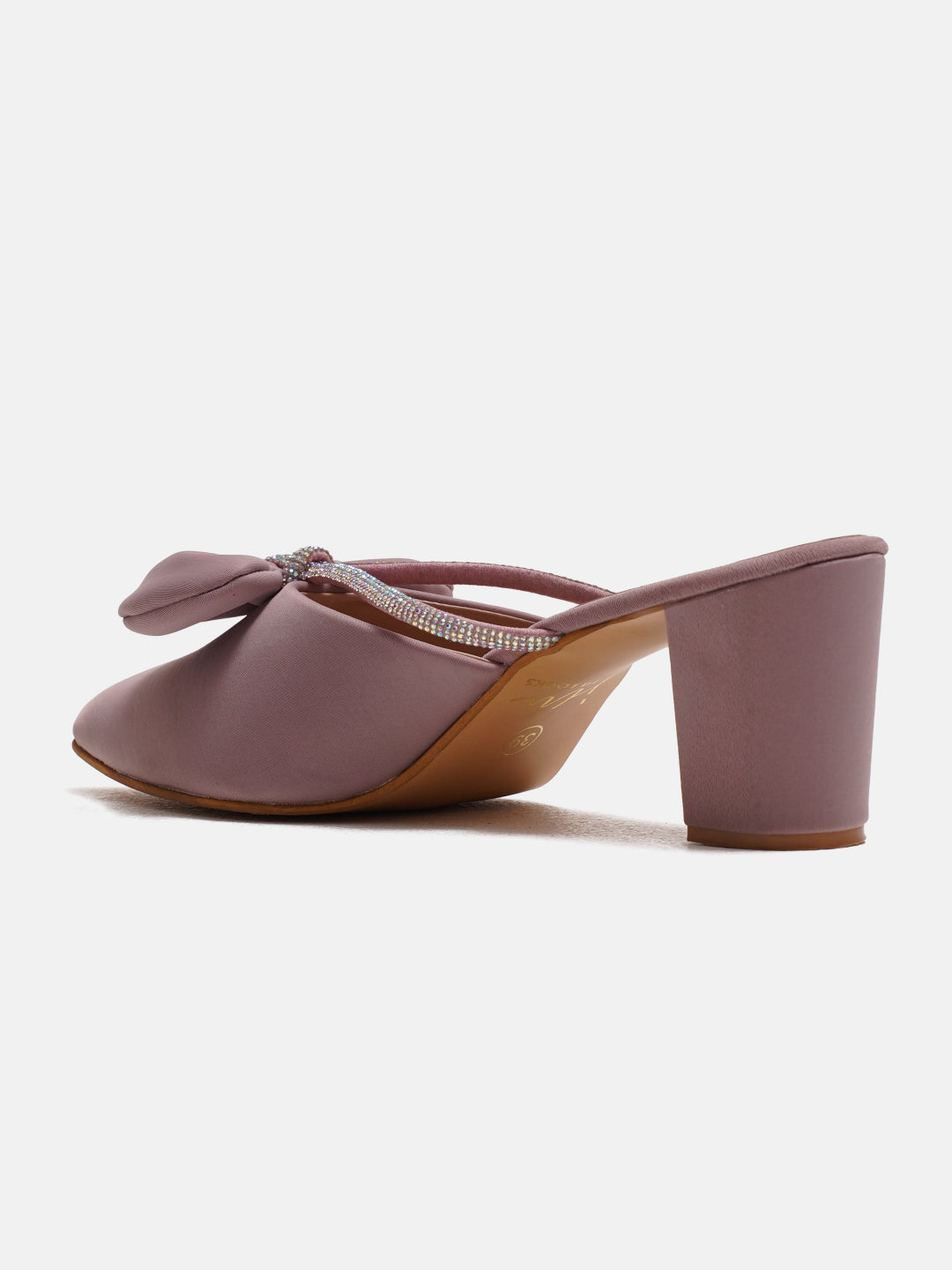 Wood-Rose Women’s Embellishment Pointed Toe Block Heel Mules with Bow, Rhinestone Strap