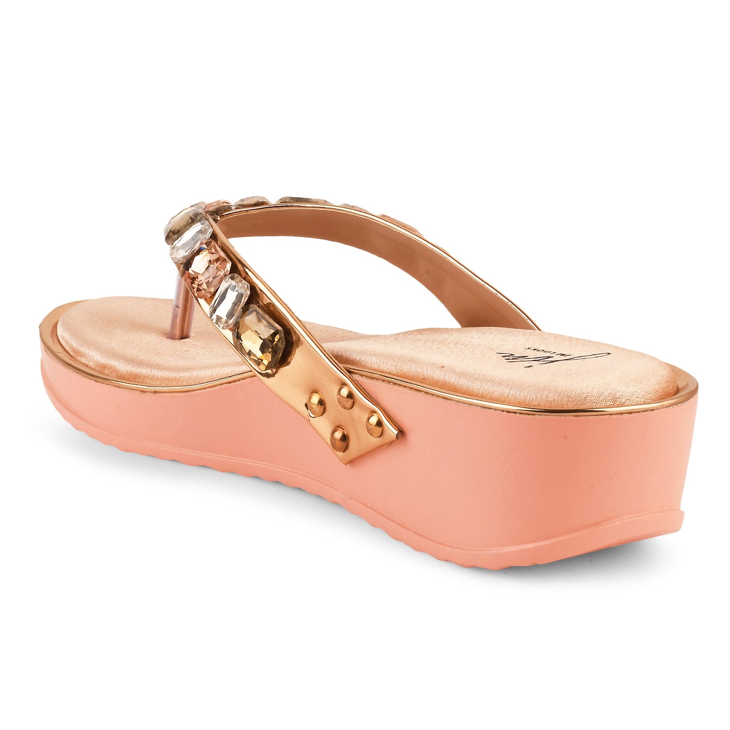 Embellished peach wedge thong sandals with rectangular crystal stones and cushioned brown footbed for women.