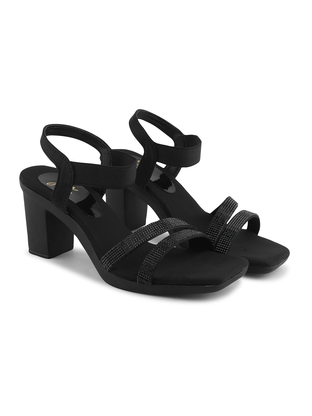 women's block heel sandals with shimmering embellished straps and an ankle strap
Black