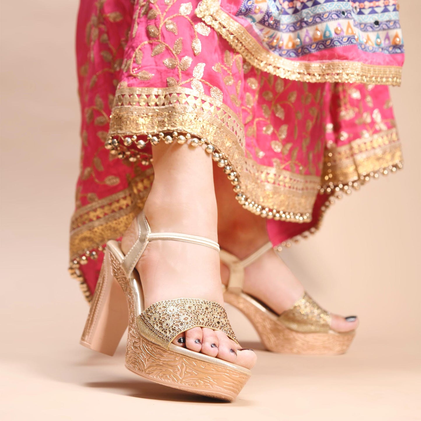 JM Looks Golden Ethnic Wedge Sandals | Embroidered Festive Footwear sultan