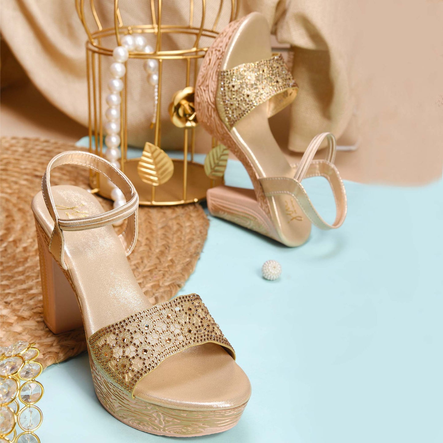 JM Looks Golden Ethnic Wedge Sandals | Embroidered Festive Footwear sultan