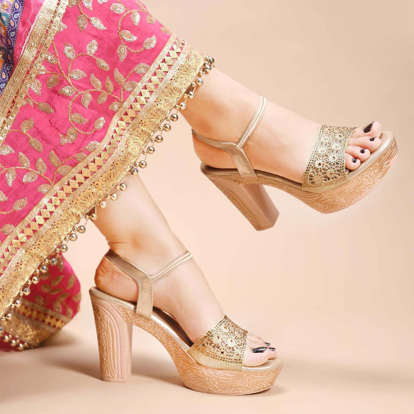 JM Looks Golden Ethnic Wedge Sandals | Embroidered Festive Footwear sultan