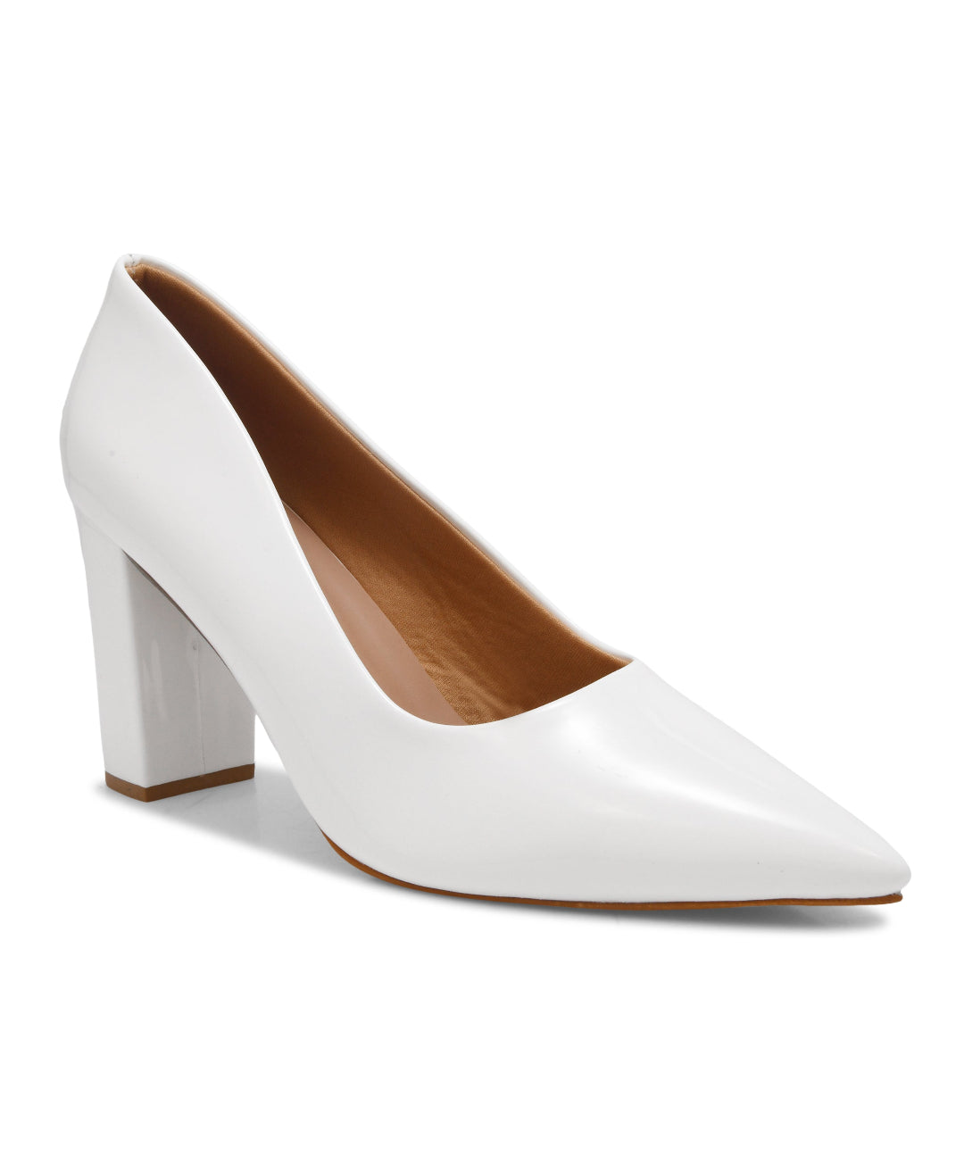 White Women’s Patent Pointed Toe Block Heel Pumps with Glossy Finish