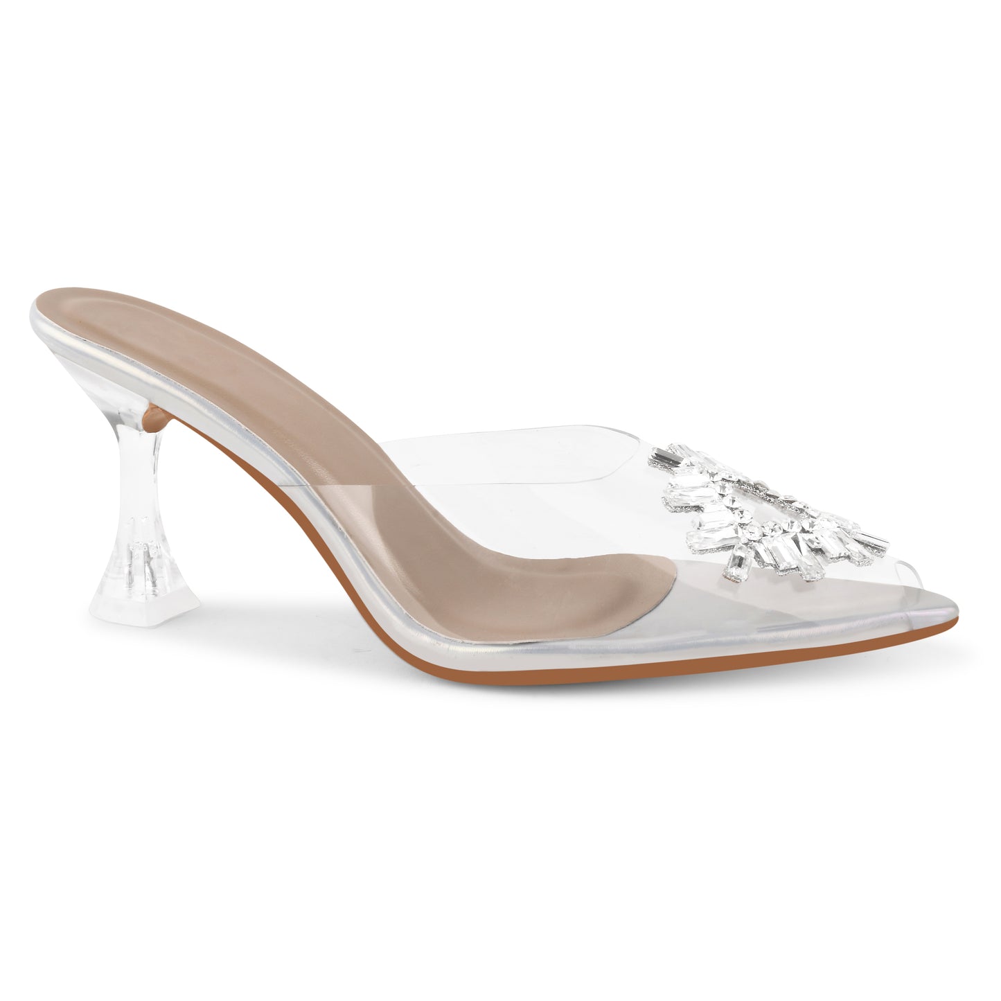 Square Rhinestone Flare Transparent Heels for Women and Girls Silver