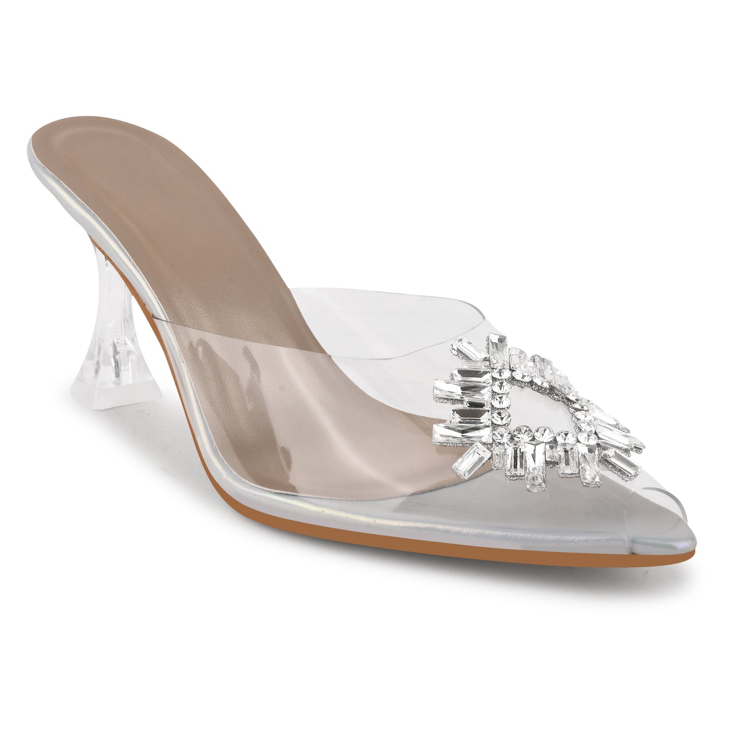 Square Rhinestone Flare Transparent Heels for Women and Girls Silver