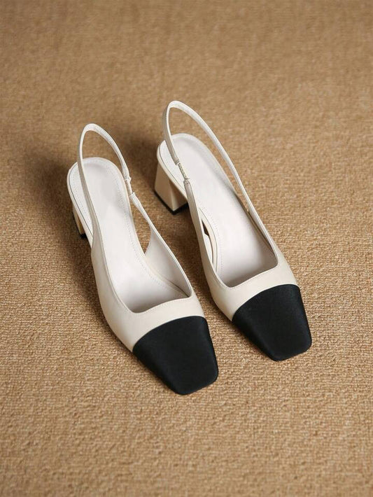 slingback square toe pumps with a textured front and a block heel
 White