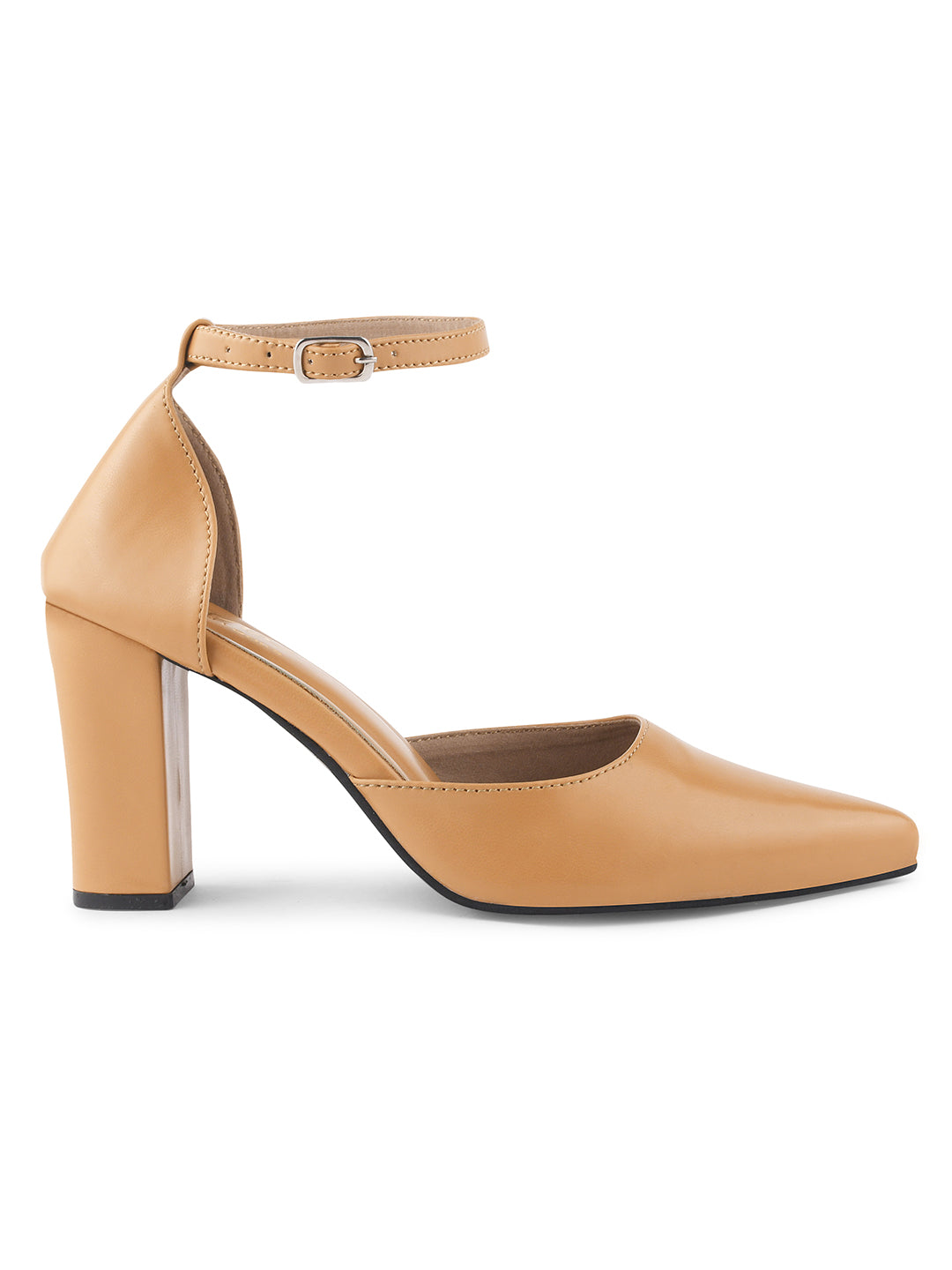 pointed toe block heel pumps with an ankle strap
Beige