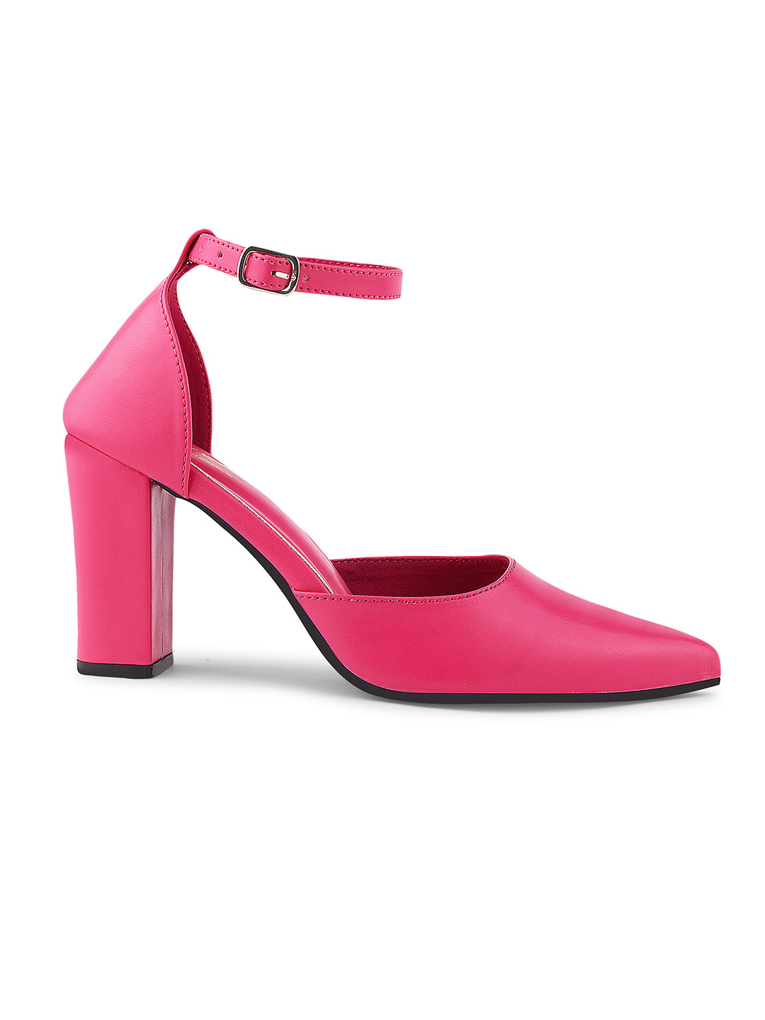 pointed toe block heel pumps with an ankle strap
Rani