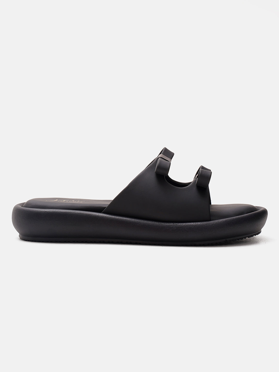 JM Looks slide sandals featuring multiple bow details on the wide straps and a flat sole
Black