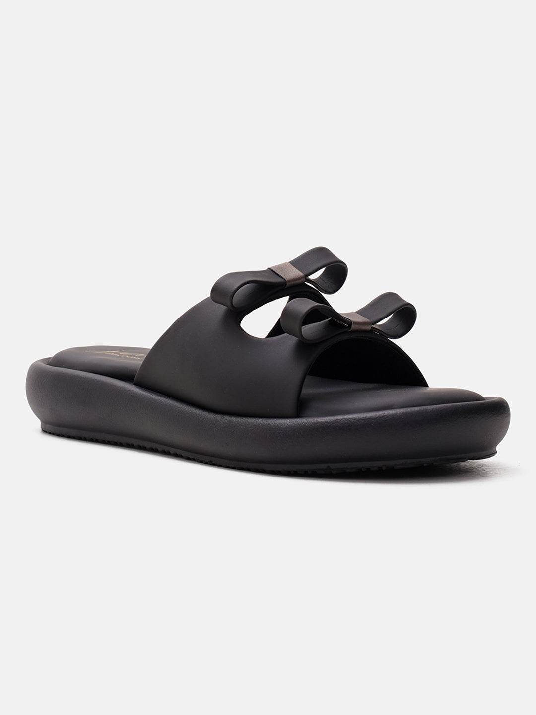 JM Looks slide sandals featuring multiple bow details on the wide straps and a flat sole
Black