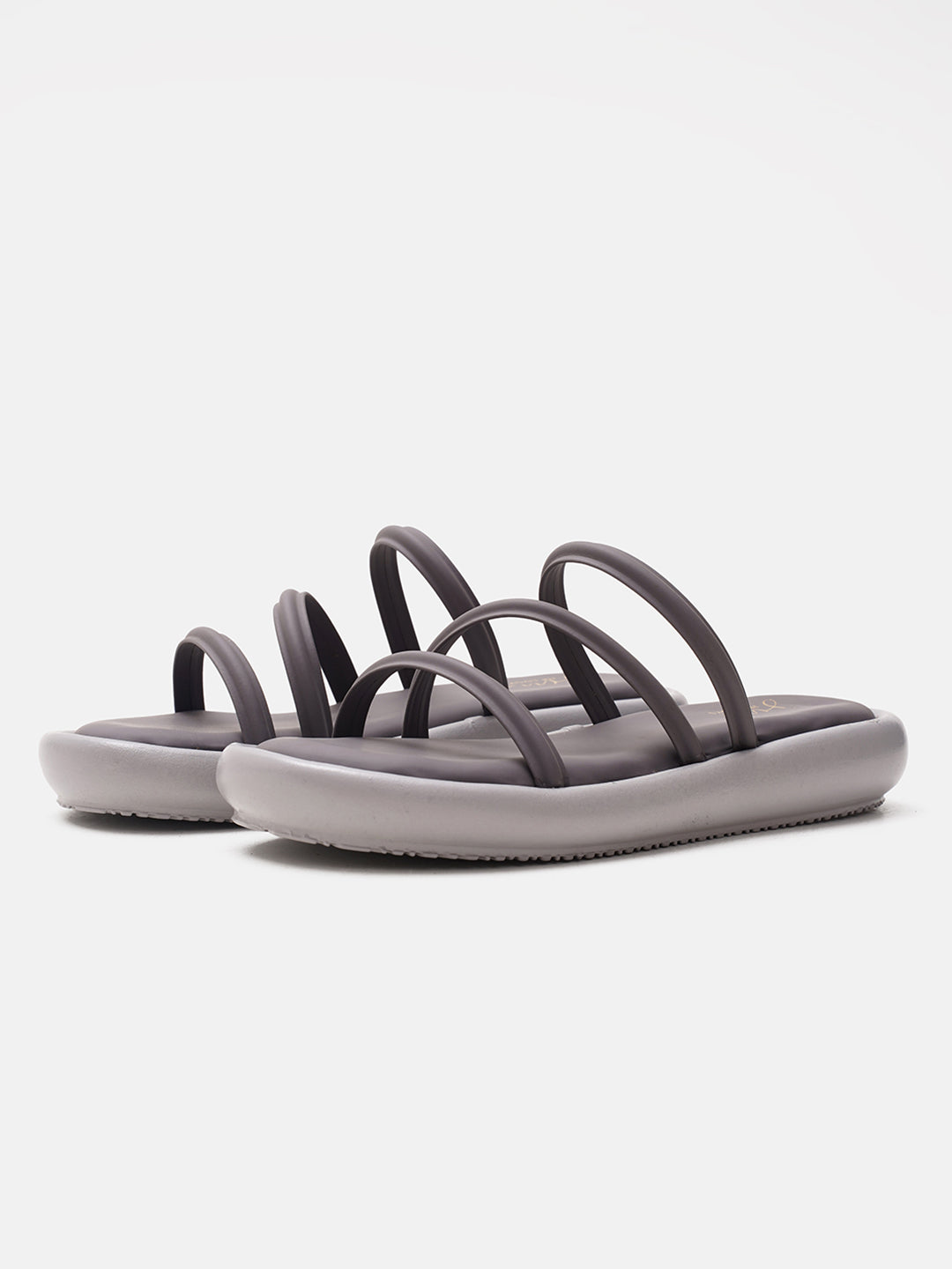 open-toe flat sandals with multiple slender straps across the forefoot
Grey