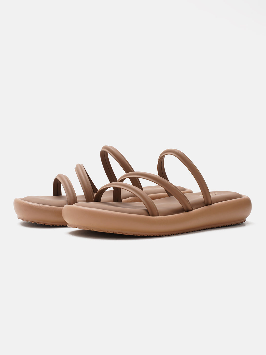 open-toe flat sandals with multiple slender straps across the forefoot
Beige