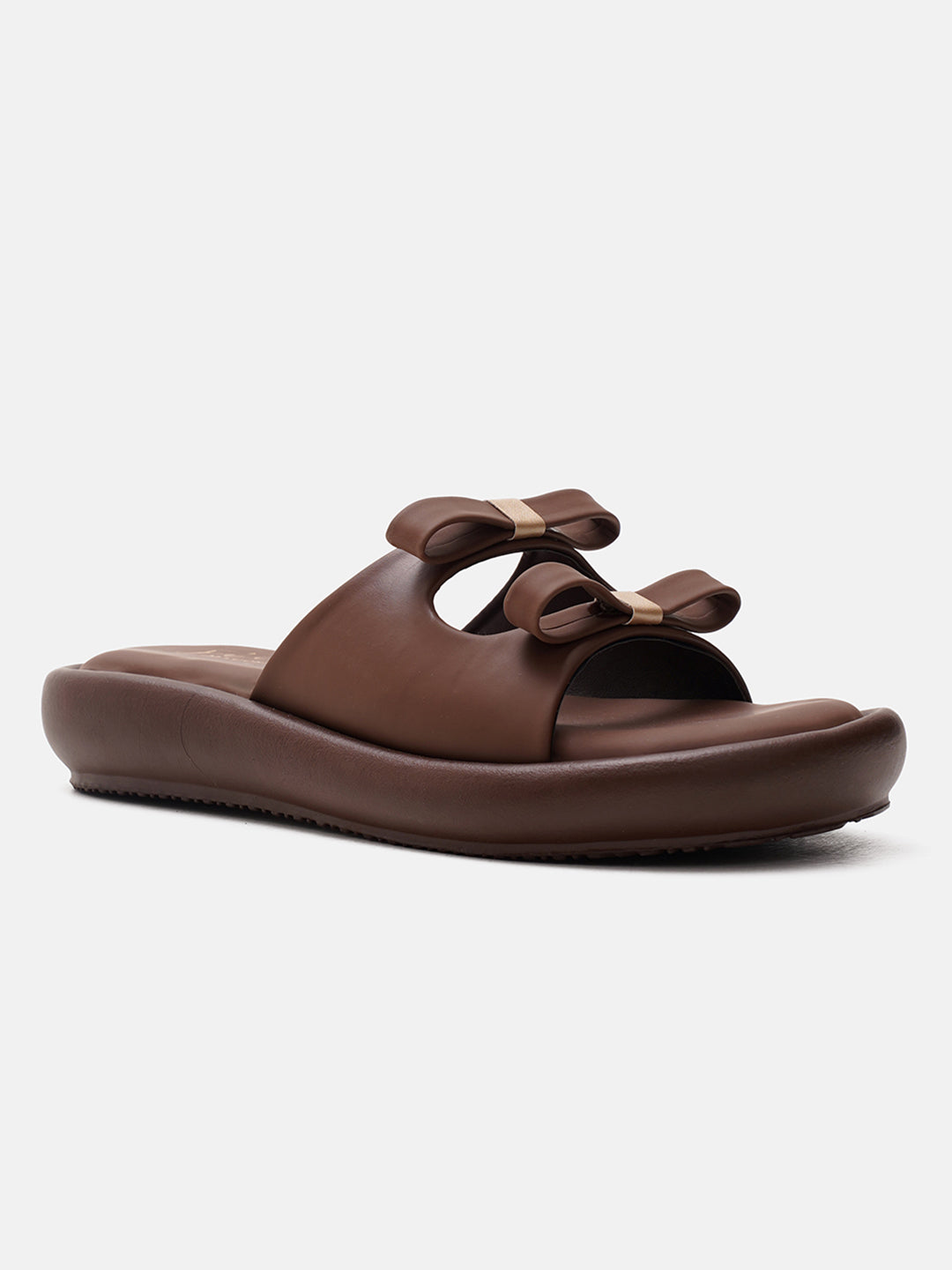 JM Looks slide sandals featuring multiple bow details on the wide straps and a flat sole
Brown