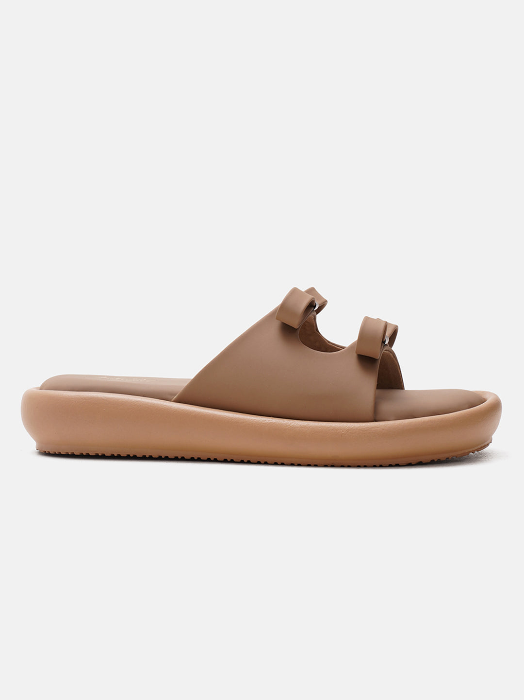JM Looks slide sandals featuring multiple bow details on the wide straps and a flat sole
Beige