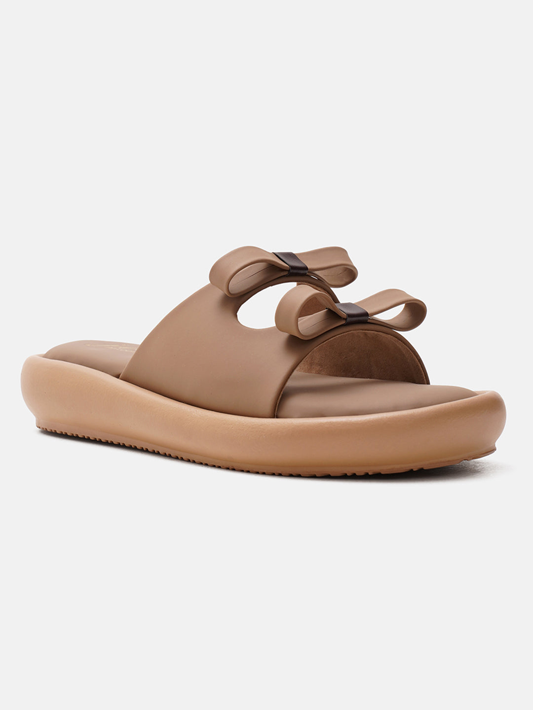 JM Looks slide sandals featuring multiple bow details on the wide straps and a flat sole
Beige