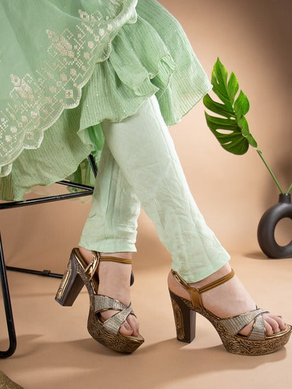 Jm Looks women's embellished block heel sandals with textured details
 Copper