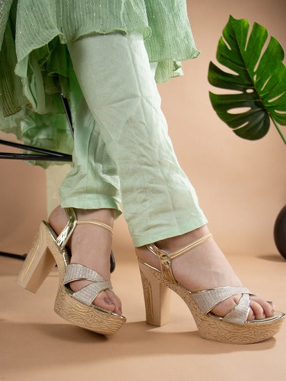 Jm Looks women's embellished block heel sandals with textured details
 Peach