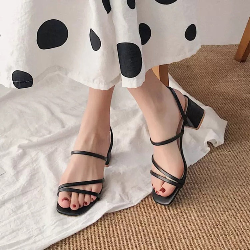 Women's Strappy Slingback Chunky Heeled Sandals at JM LOOKS Black