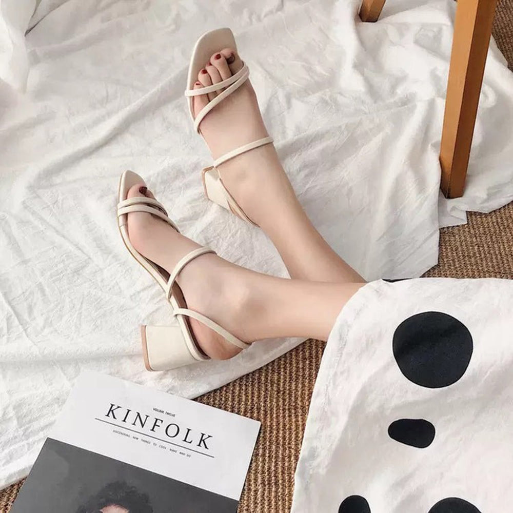 Women's Strappy Slingback Chunky Heeled Sandals at JM LOOKS White