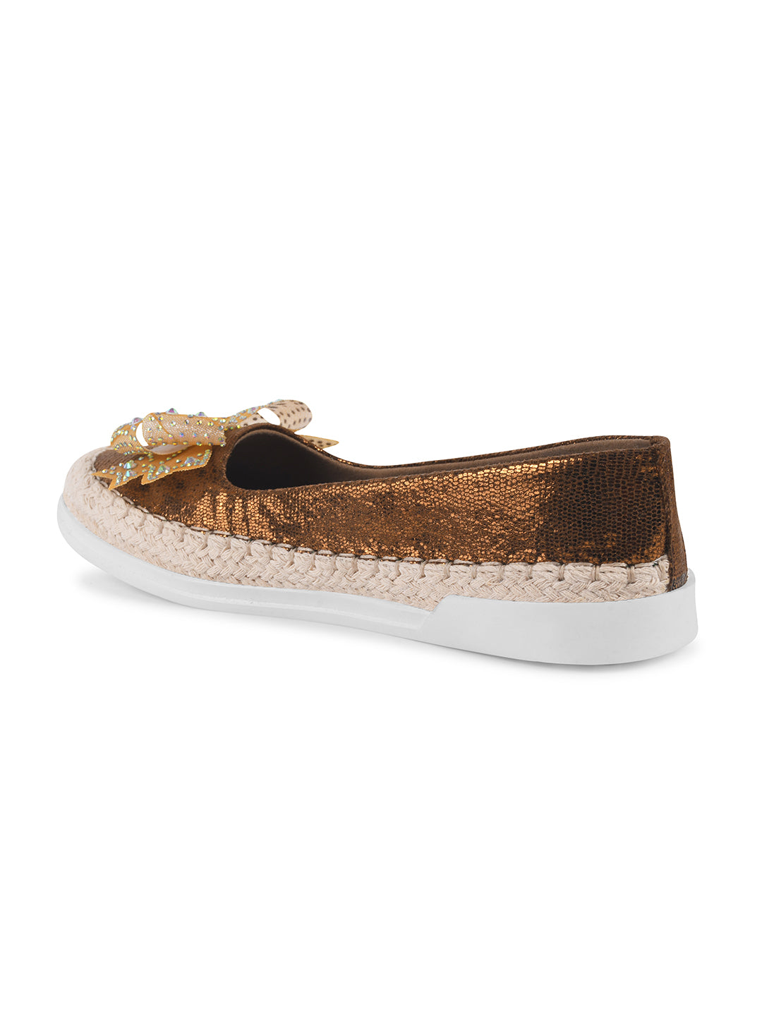 JM Looks espadrille loafers featuring a shimmering toe, a rhinestone-embellished bow, and a woven sole
Copper