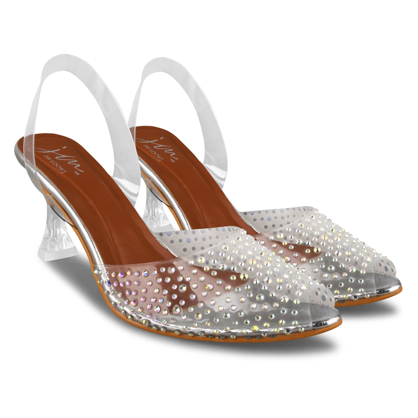 Transparent rhinestone block heels for women, clear peep toe slingback sandals with sparkling crystal stone embellishment Silver