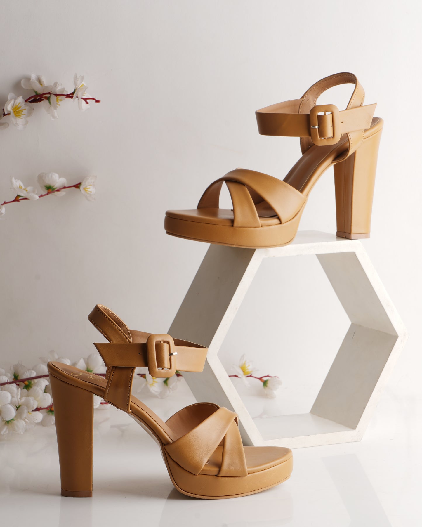Women's & Girls' Open Toe Chunky Heeled Sandals with Ankle Strap Tan