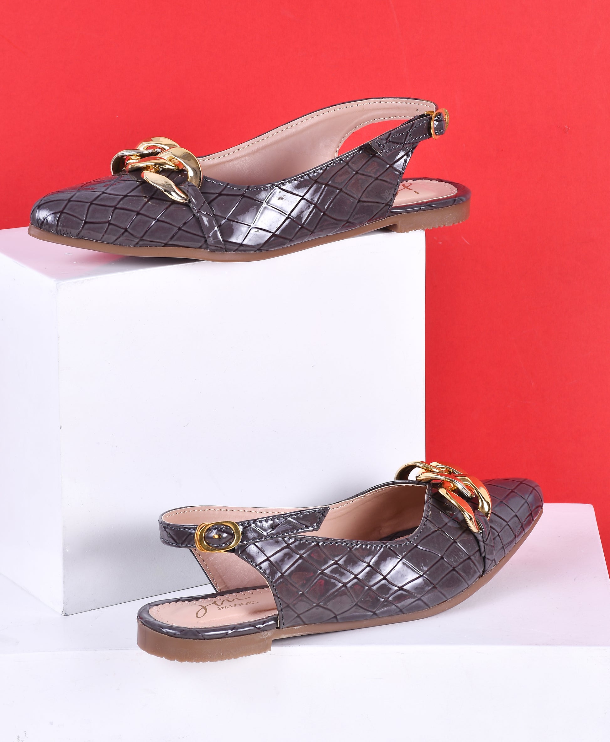 Geometric Pattern Almond-Toe Flat Shoes for Women and Girls at JM LOOKS Grey