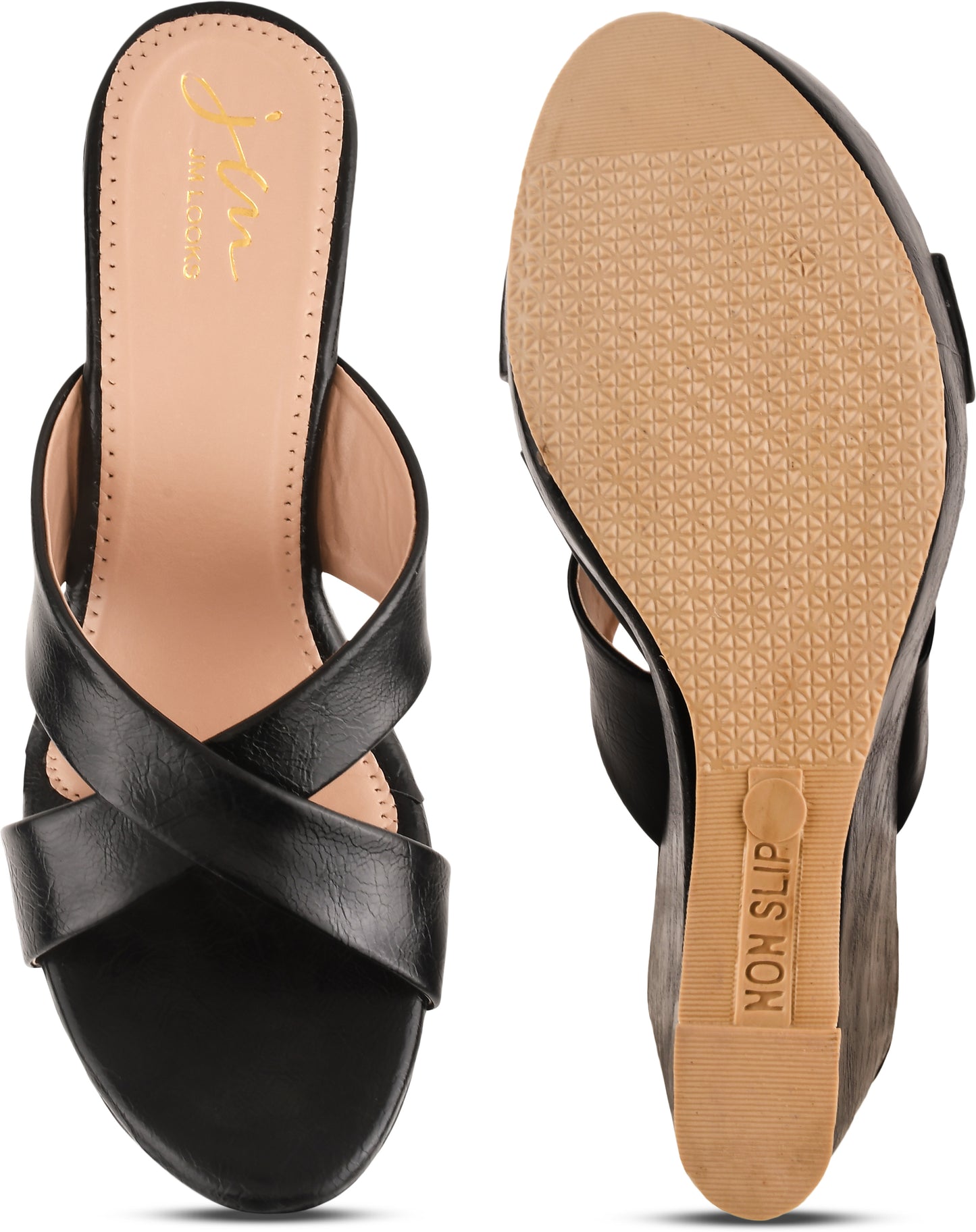 Jm Looks cross-strap wedge heels with a wide sole
Black