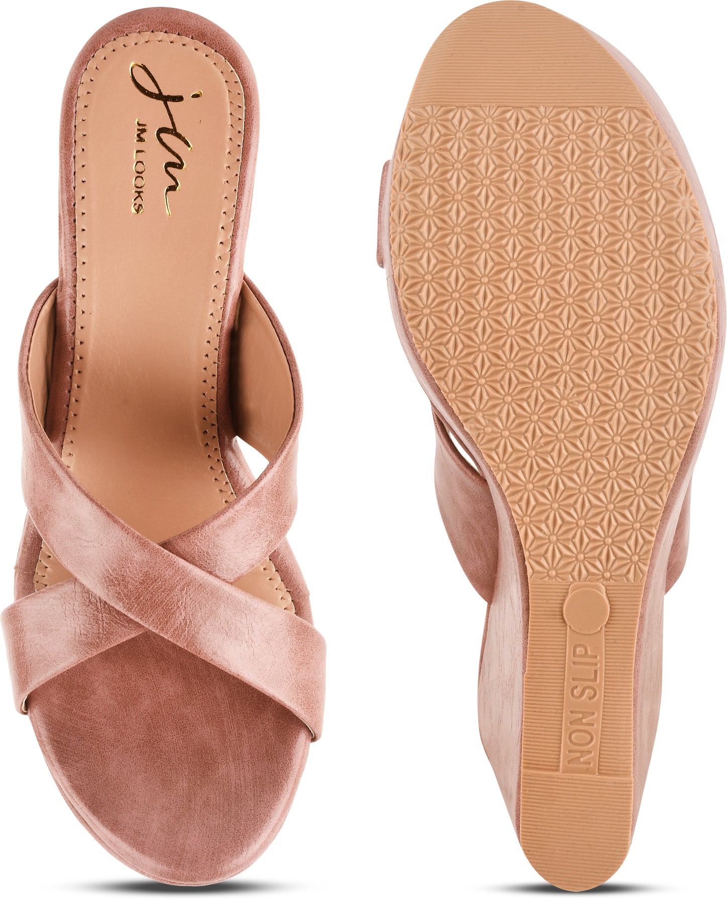 Jm Looks cross-strap wedge heels with a wide sole
Peach