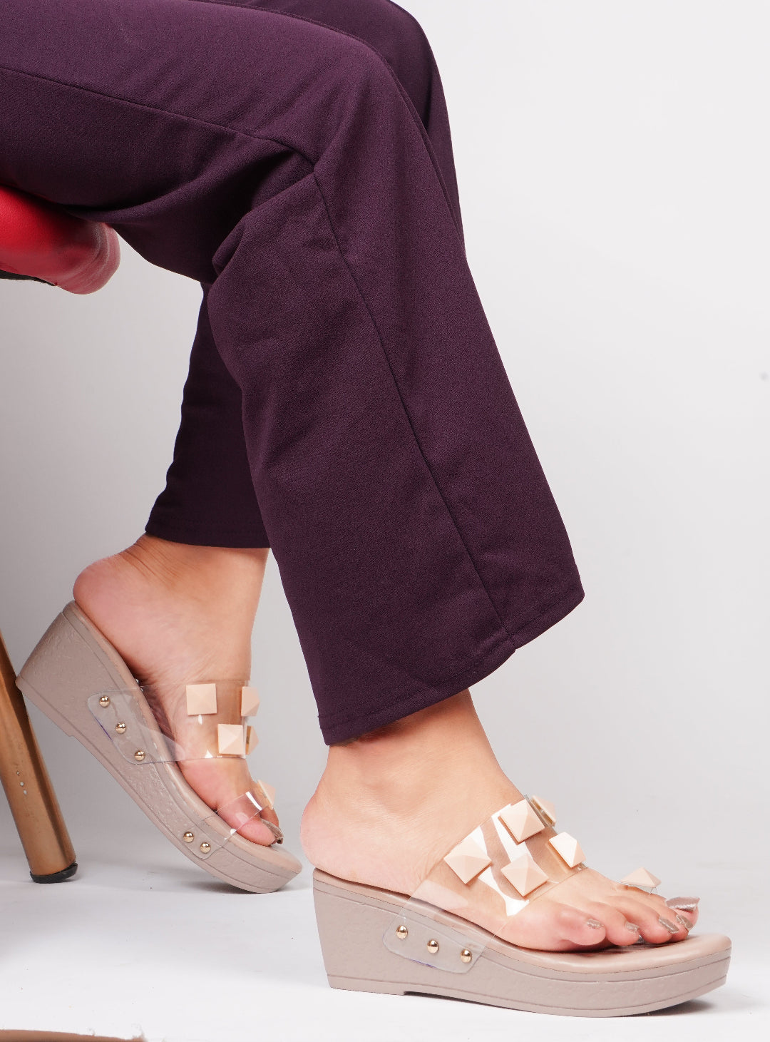 Transparent strap toe ring wedge platform sandals for women slip-on style Peach