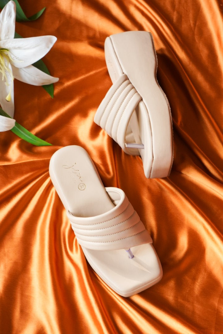 Stitched Strap Platform Heels Sandals for Women and Girls at JM LOOKS Cream
