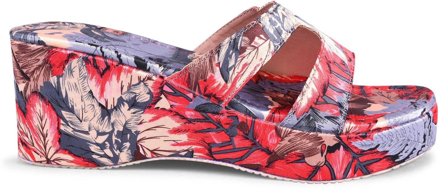 Platform wedge heels for women featuring vibrant tropical floral print with H-strap slip-on open-toe comfortable design Red