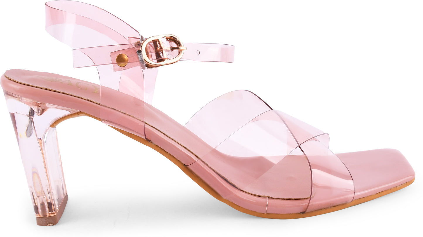 Chunky Heeled Sandals with Buckle Fastening for Women and Girls Peach
