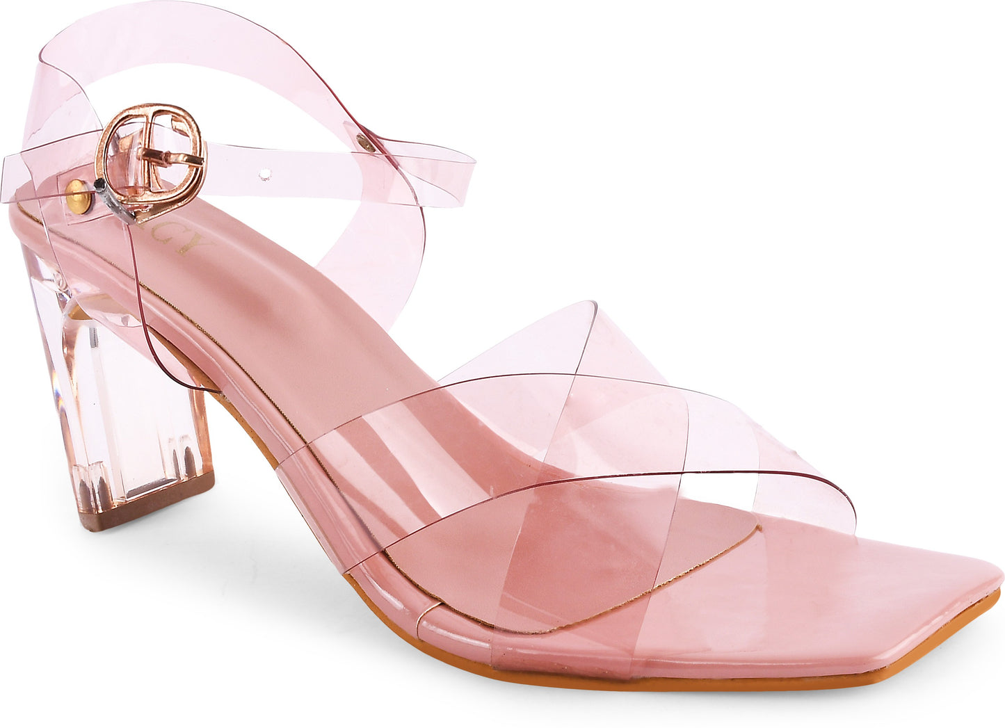 Chunky Heeled Sandals with Buckle Fastening for Women and Girls Peach