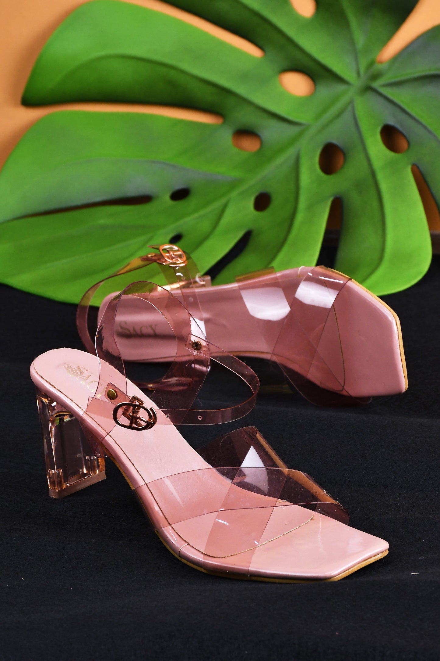 Chunky Heeled Sandals with Buckle Fastening for Women and Girls Peach