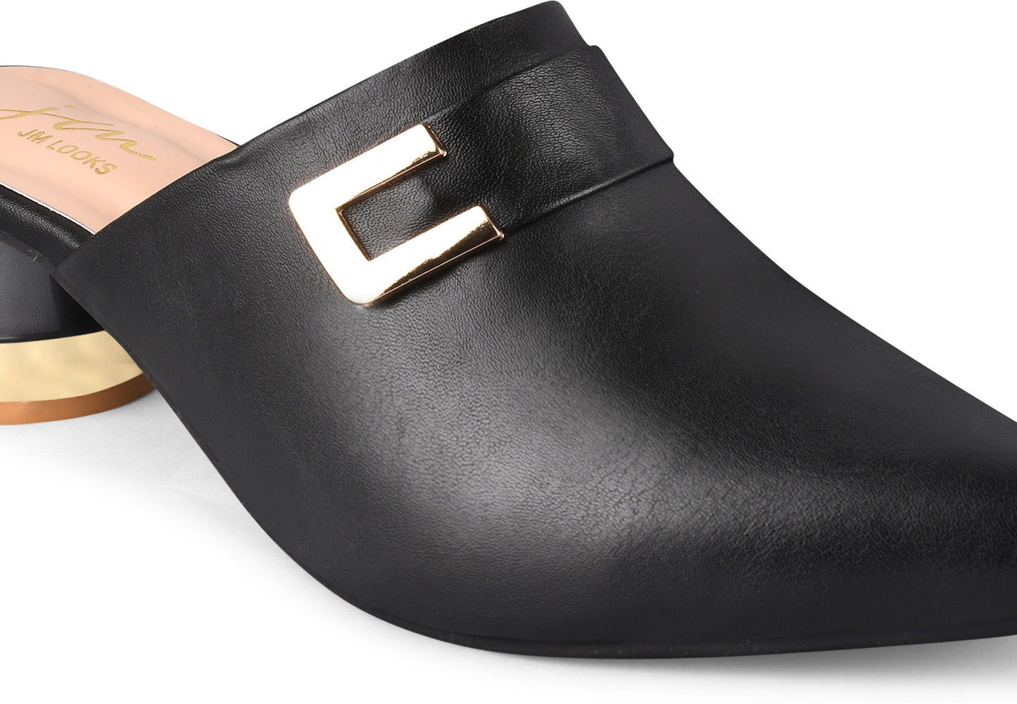 Women’s pointed-toe mules with buckle and metallic block heel Black