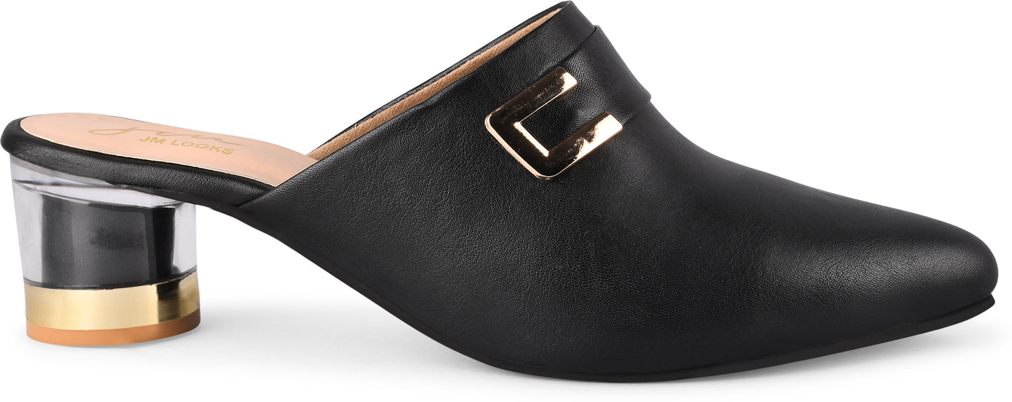 Women’s pointed-toe mules with buckle and metallic block heel Black