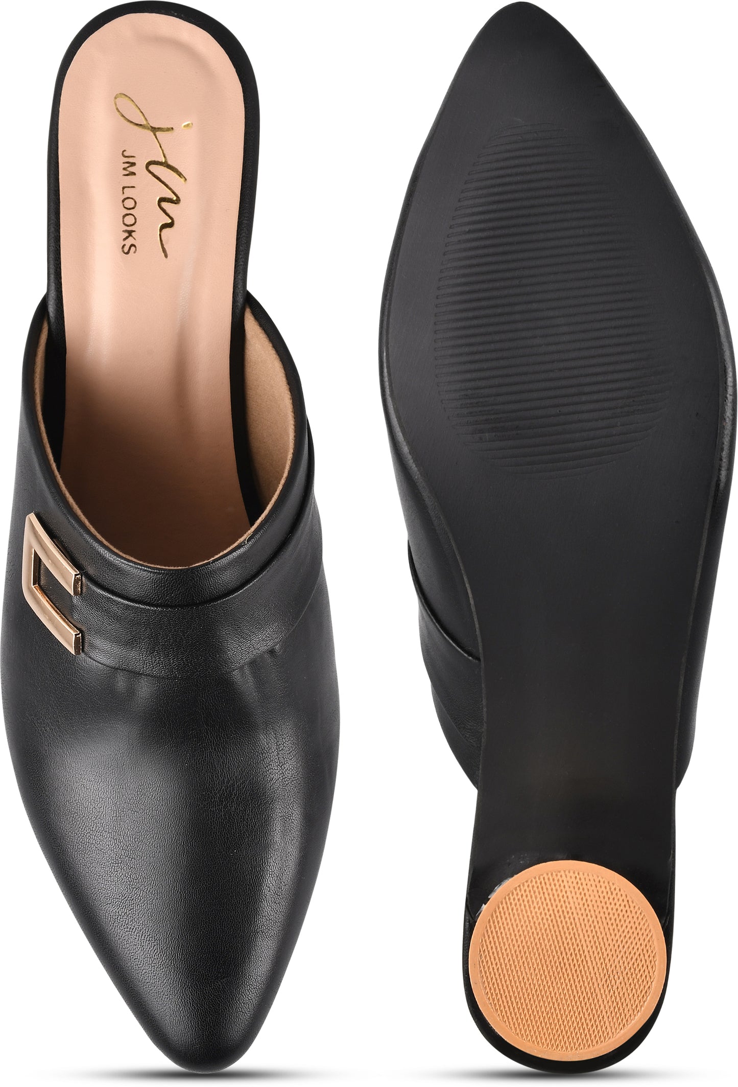 Women’s pointed-toe mules with buckle and metallic block heel Black