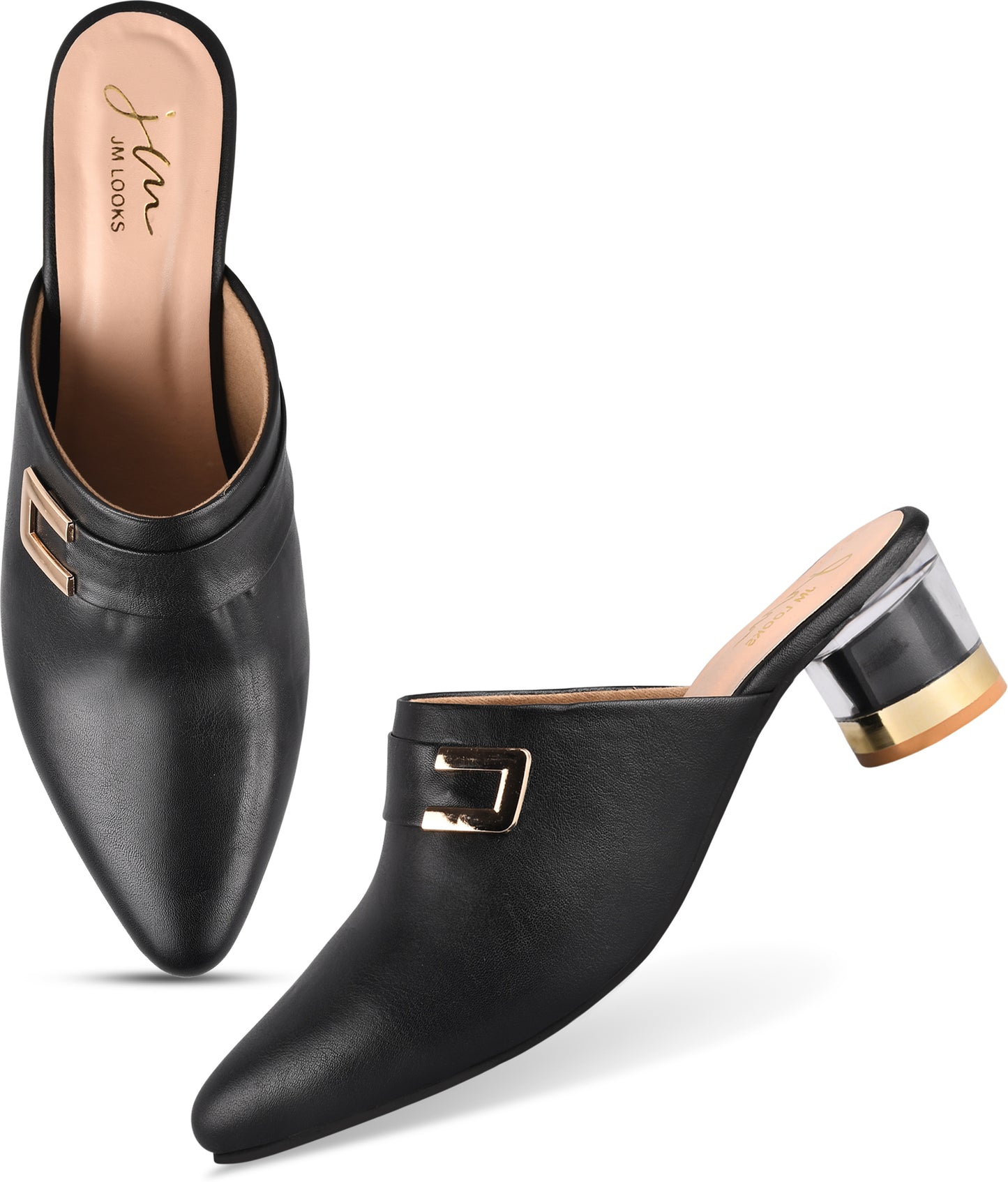 Women’s pointed-toe mules with buckle and metallic block heel Black