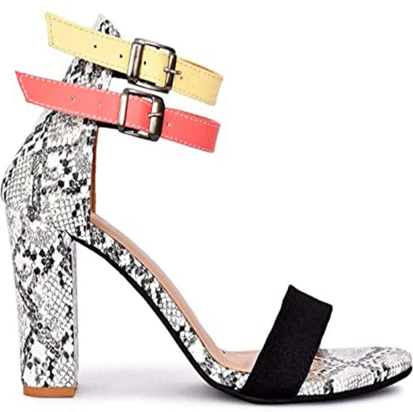 Open-Toe Chunky Heeled Sandals with Buckle Fastening for Women & Girls Black