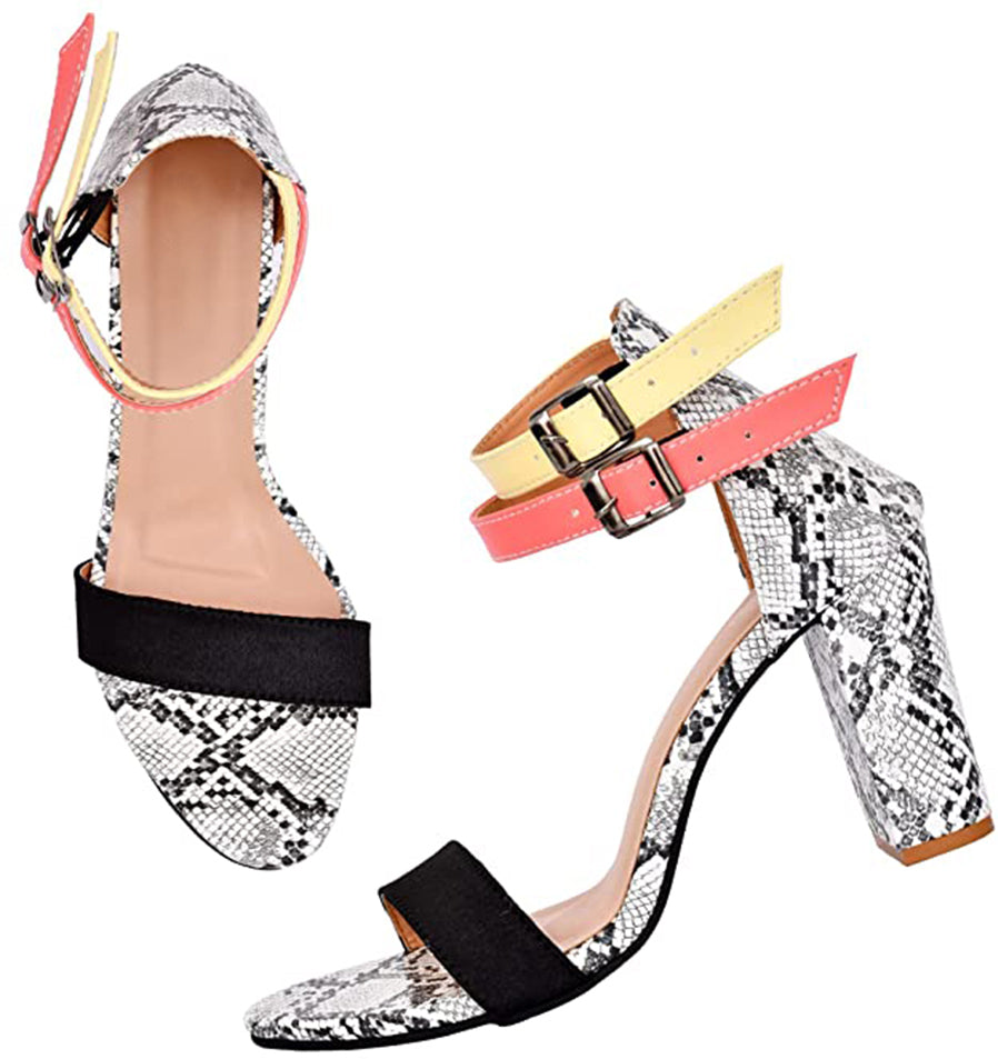 Open-Toe Chunky Heeled Sandals with Buckle Fastening for Women & Girls Black
