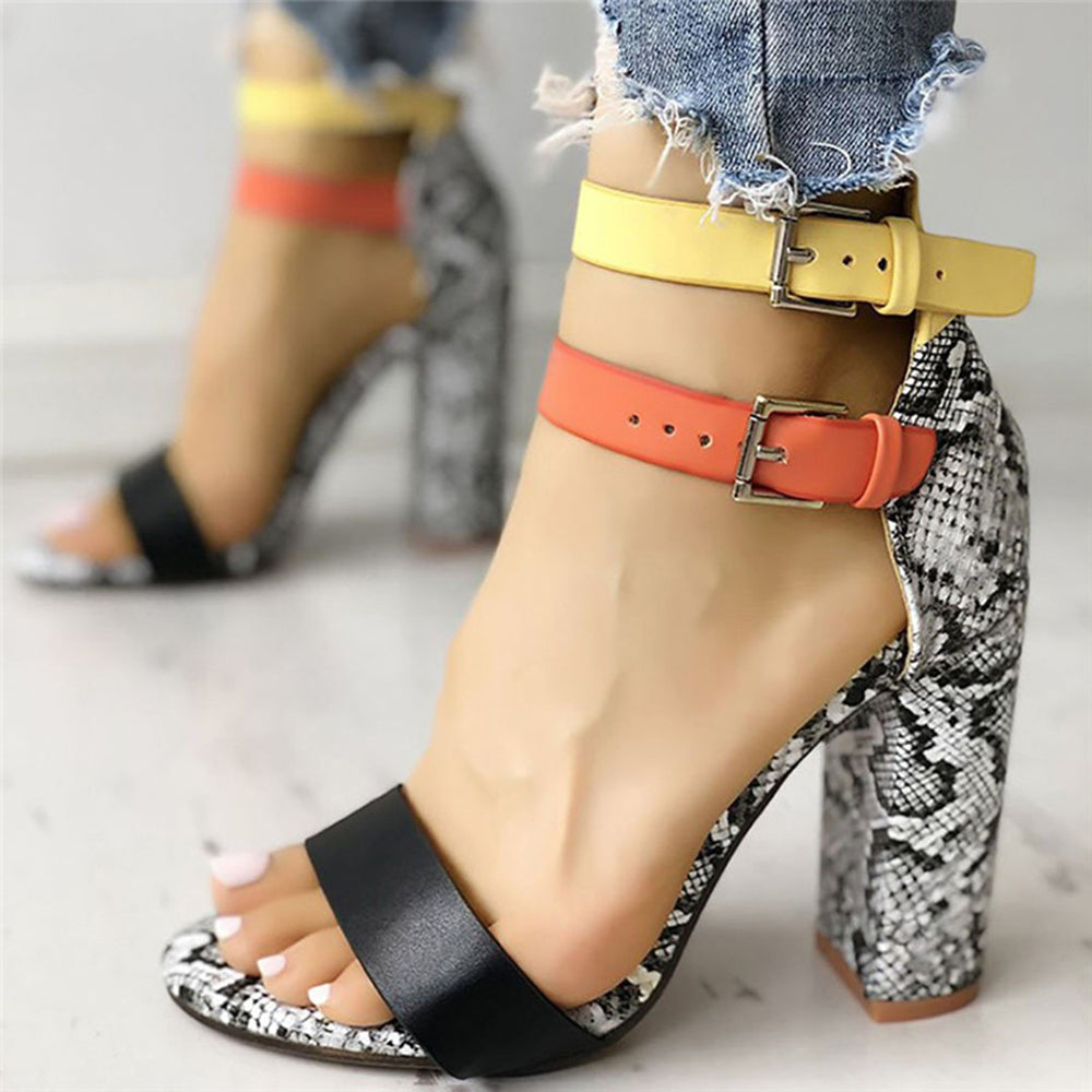 Open-Toe Chunky Heeled Sandals with Buckle Fastening for Women & Girls Black